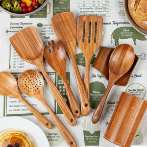 Juego de utensilios de cocina de madera de acacia con paño de cocina – Juego de 9 piezas no tóxicas, regalo para cocina estilo rústico - Product Image 1
