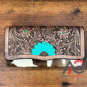 Embrague de cuero mecanizado a mano para mujer a la moda, pelo occidental en piel de vaca, tarjetero Floral para mujer, sobre de dinero en efectivo, carteras largas de bolsillo - Product Image 1