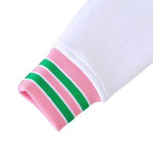 AKA White Fleece Letterman <b>Jacket</b> <b>Pink</b> Green Trim Varsity Style Unisex Warm Outerwear Fashion <b>Jacket</b> Apparel Collection - Product Image 4