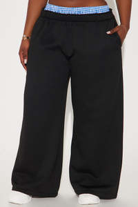 Pantalon de détente unisexe noir à jambe large avec taille contrastante en gingham, en maille décontractée, OEM, marque privée, pour hommes - Product Image 6