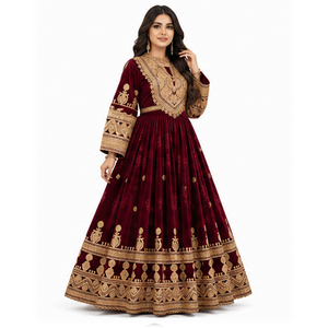Robe de mariée pakistanaise pour femmes, Salwar Kameez en soie longue, couleur marron, broderie dorée, coupe ample, style hiver, robe afghane Kuchi - Product Image 4