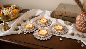 Wholesale Handcrafted Luxury Crystal Pearl Eco-Friendly <b>Tealight</b> Candle Holders Metal Rhinestone Flowers Diya Base Birthday - Product Image 4