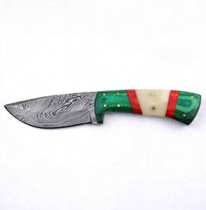 Cuchillo de acampada de primera calidad con hoja de damasco de punta caída, herramienta multiusos de alta resistencia, mango de madera y hueso verde de espiga completa. - Product Image 5