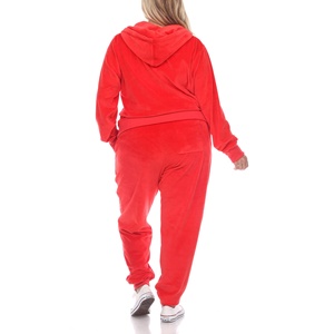 Women Plus Size Red Hooded Tracksuit Set Full Length Solid Color Casual Joggers with Side Pockets Zipper Fly Fleece Winter Wear - Product Image 4