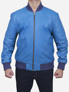 Veste bomber en cuir bleu véritable pour homme, personnalisée, style streetwear, broderie 3D, veste tendance - Product Image 4