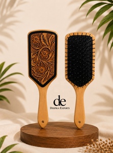 Handmade Hand Tooled Leather Wooden Hair <b>Brush</b> Carved Floral Design <b>Scalp</b> Massage Manual Use Rectangular Shape Deepika Exports - Product Image 2