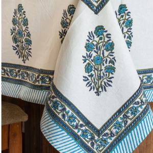 Nappe carrée moderne bleue, brodée, de luxe, tissée, 100% coton, faite à la main, imprimée au bloc, lavable, pour usage domestique - Product Image 6