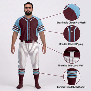Ensemble uniforme de baseball pour hommes, maillot bordeaux et bleu clair, pantalon rayé, manches courtes, fermeture boutonnée, respirant, toutes saisons - Product Image 6