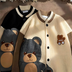 <b>Women's</b> <b>Black</b> Knit <b>Cardigan</b> With Bear Applique Cartoon Pattern Full Sleeve Casual Autumn Wear 100% Acrylic Button Up Collar - Product Image 3