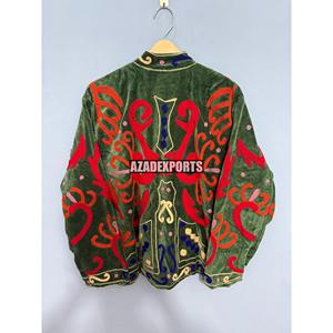 Green <b>Velvet</b> Mandarin Collar Jacket with <b>Red</b> Embroidery Full Sleeve Winter Women's Outerwear Quick Dry Cotton Lining Pullover - Product Image 6