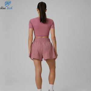 High Quality Plus Size Women Fitness Workout Set Front Shot Sleeve Crop Top Running Shorts Quick Dry Breathable Activewear Set - Product Image 3