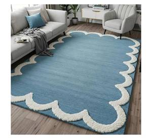 Alfombra de lana azul sólido con borde festoneado, diseño bicolor, hecha a mano, apta para mascotas - Product Image 2