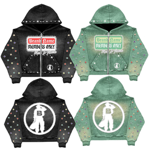 Custom Pure Cotton Street Style Zip Hoodie for Men with Applique Distressed Embroidery and Hot Fix Rhinestone Details Hoodie - Product Image 4
