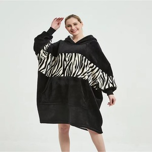 Black Zebra Wearable Blanket Hoodie Oversized Sherpa Fleece Hooded Blanket Unisex Giant Comfy Sweatshirt Winter Warm - Product Image 4