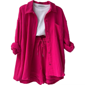 Conjunto de Dos Piezas Oxford Rosa Sólido para Mujer, Corte Holgado, Cierre de Botones, Traje Casual de Verano con Cuello Camisero y Tres Bolsillos - Product Image 6