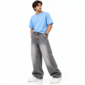 Jean ample gris délavé pour homme, coupe décontractée, taille mi-haute, en denim de coton - Product Image 1