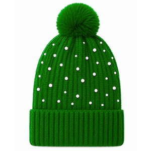 Alpha |   Kapa |   Bonnet en tricot acrylique pour femme Alpha, brodé de perles, orné d'un pompon, bord côtelé, bonnet d'hiver décontracté - Product Image 4