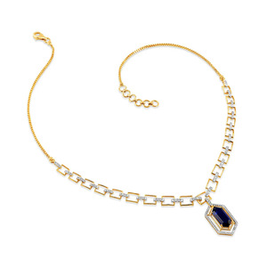 Royal Blue <b>Emerald</b> Frame Diamond <b>Pendant</b> Necklace with Open Square Link Chain Design - Product Image 3