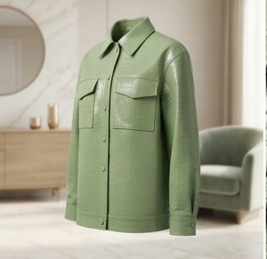 Veste Safari en Cuir PU Embossé Crocodile Vert pour Femme, Col Revers, Manches Longues, Style Utilitaire Automne, Longueur Standard - Product Image 2