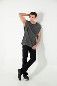 Débardeur pour homme à manches courtes, col rond, coupe classique, 100% coton jersey, gris uni, vêtement décontracté, séchage rapide, finition lavée, Whiteaura - Product Image 3