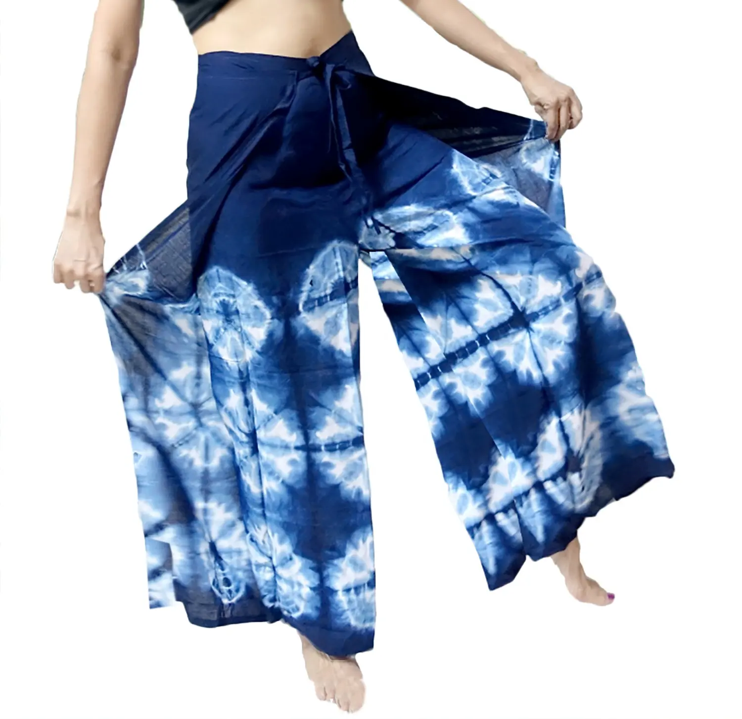 Handmade Blue Indigo BOHO harem wide legs pants gypsy yoga belly dance art pallazo Wrap Sarong strings Tie Pants