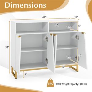 Credenza Moderna Bianca per Soggiorno con 2 Ripiani Aperti e Doppi Armadietti a 2 Ante con Porte Irregolari e Maniglie Dorate - Product Image 5