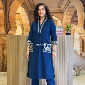 Conjunto de Kurta y Pantalón Bordado de Algodón Puro para Mujer al por Mayor - Product Image 1