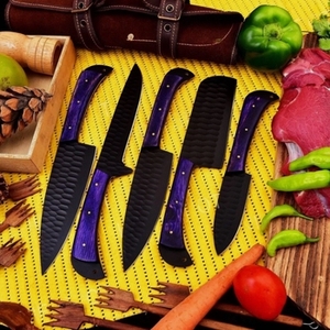 Ensemble de couteaux de cuisine en acier carbone faits à la main, 5 pièces, bois écologique, comprend un couteau de chef, un couteau à découper, un couteau à steak, un couteau utilitaire, étui en cuir - Product Image 1