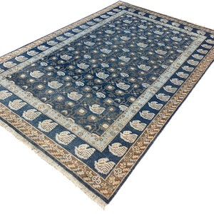 Hand Knotted Wool 9x12 Navy Blue Traditional Area <b>Rug</b> with Ivory Paisley Floral Motifs Fine Border for Living Room <b>Bedroom</b> Decor - Product Image 3