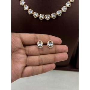 Kiyara Moissanite Delicate Gold Plated Necklace <b>Set</b>-<b>Indian</b> Ethnic Imitation & Fine Jewelry - Product Image 3