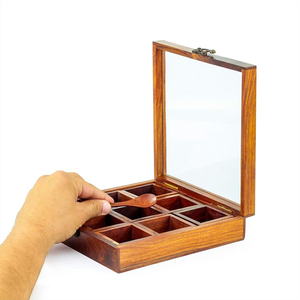 Boîte à épices en bois artisanale avec couvercle et cuillère, organisateur d'épices de cuisine à 9 compartiments, conteneur de rangement pour épices en bois - Product Image 4
