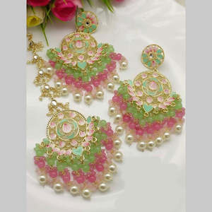 <b>Gold</b> Plated Kundan Stone and Beads Meenakari <b>Dangle</b> <b>Earrings</b> with Maangtikka Fine Jewelry Product - Product Image 1