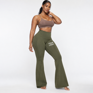 High Waist Flared Leg <b>Yoga</b> Leggings Solid Color Plus Size Women's Activewear <b>Pants</b> Custom Logo Right Leg Elastic Waist - Product Image 3
