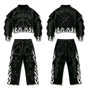 Ensemble 2 pièces unisexe personnalisé : veste en jean noire courte et jean, imprimé étoiles et flammes cloutées, style streetwear, tenues assorties, fournisseur en gros - Product Image 6