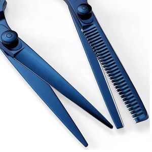 Ensemble de ciseaux à effiler les cheveux en acier inoxydable bleu 440C pour droitiers, manche long, usage professionnel en salon - Product Image 3