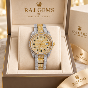Montre à diamants bicolore RAJ GEMS, boîtier rond de 36 mm, bracelet en acier inoxydable, affichage analogique de la date, montre-bracelet de luxe pour homme - Product Image 1
