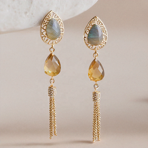 Boucles d'oreilles pendantes en labradorite et diamant Boucles d'oreilles en argent sterling avec de belles pierres précieuses pour les filles simples pour les mariages et les fêtes - Product Image 3