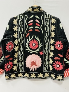 Velvet Suzani Embroidered Artisan Handmade Bomber Jacket Handcrafted Floral Design Medium Length 100% Cotton Velvet Soft All - Product Image 6