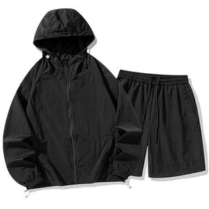 Ensemble de survêtement unisexe noir à capuche, manches longues, fermeture éclair, décontracté, léger, en polyester, short, coupe ample, couleur unie, été - Product Image 1