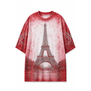 เสื้อยืดแขนสั้นพิมพ์ลายหอไอเฟลสีแดงทรงโอเวอร์ไซส์สำหรับผู้ชาย ดีไซน์ลายพิมพ์สไตล์สตรีท คอกลม - Product Image 2