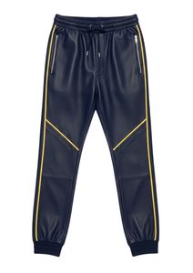 Luxury Men's Navy Blue Leather Tracksuit with Gold Contrast Trim – Hooded Zip-Up <b>Jacket</b> and Tailored Jogger Pants Set - Product Image 5