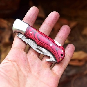Couteau pliant artisanal à lame Guthook en acier Damas - Manche en bois Pakka rouge de 7 pouces, pointe clip, étui en cuir, logo personnalisé OEM/ODM - Product Image 3