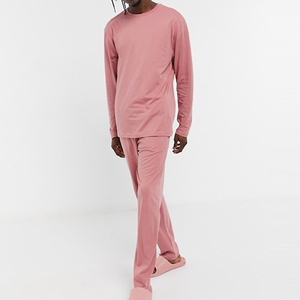 Ensemble de pyjama rose à manches longues et col rond pour homme, couleur unie, en coton, décontracté, pour l'automne, coupe régulière, taille élastique - Product Image 1