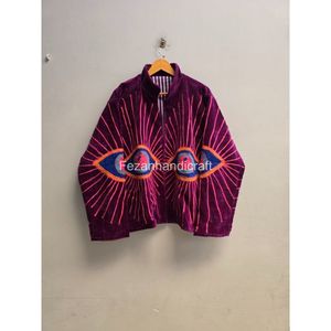 Purple <b>Velvet</b> Embroidered <b>Jacket</b> With Geometric Eye Pattern Full Sleeve Stand Collar Autumn Wear Hand Embroidery Design - Product Image 1