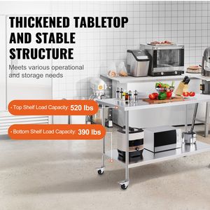 Banco da Lavoro in Acciaio Inox Resistente 30 X 60 X 38 Pollici con 4 Ruote e 3 Livelli di Altezza Regolabili per Preparazione Alimenti - Product Image 3