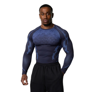 T-shirt de compression personnalisé pour homme, bleu marine, à manches longues, col rond, coupe ajustée, pour entraînement sportif, protection anti-UV, sous-vêtement technique - Product Image 1