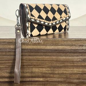 Cartera Larga de Cuero Genuino Estilo Occidental para Mujer, Nueva Cartera de Cuero a Cuadros con Ranuras para Teléfono y Tarjetas, con Correa para la Muñeca - Product Image 1