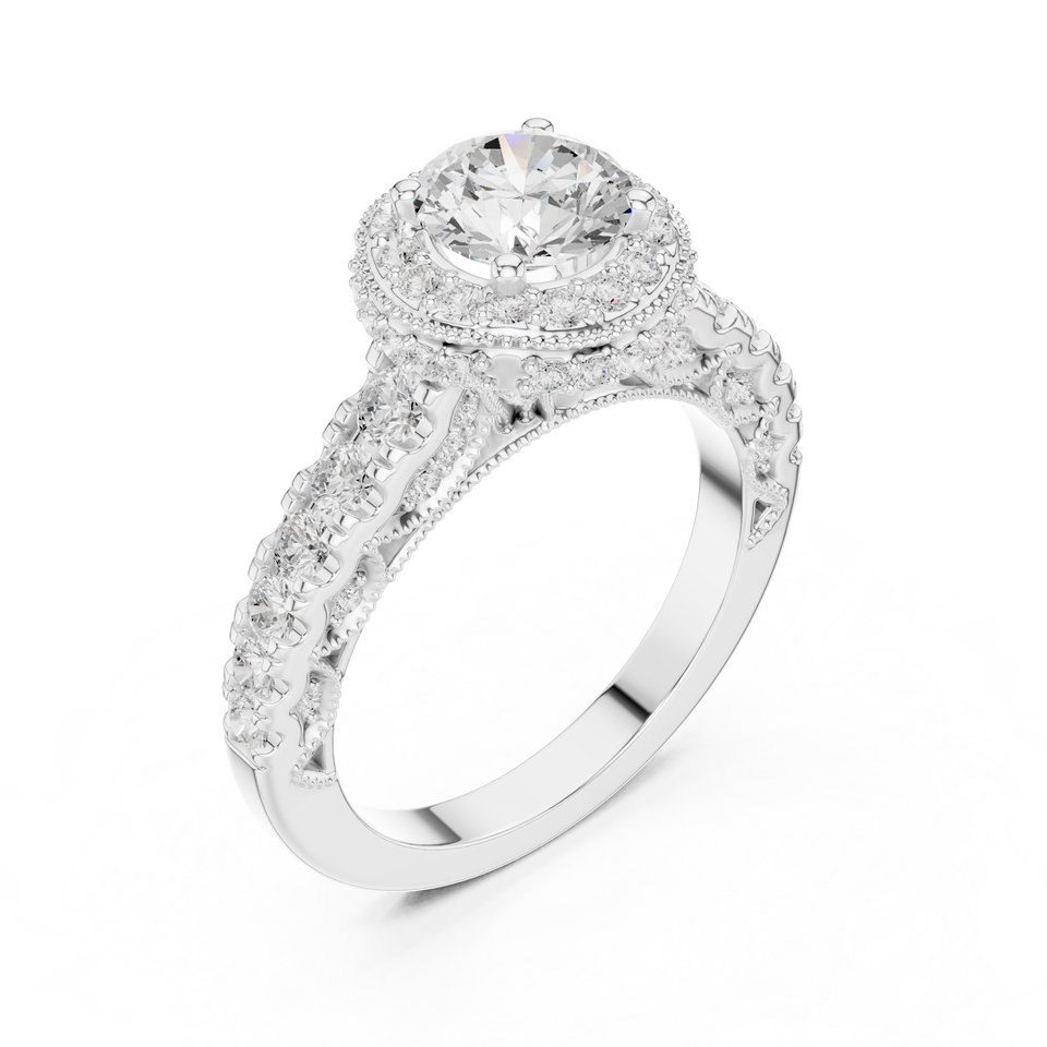 Grn Silver Rings Sterling Silver Vintage Milgrain Halo Round Moissanite Engagement Ring ...