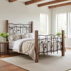 Cadre de lit en bois et en fer de qualité supérieure, conçu avec des éléments décoratifs en métal en forme de branche d'arbre, structure durable et ambiance naturelle haut de gamme pour la chambre. - Product Image 3