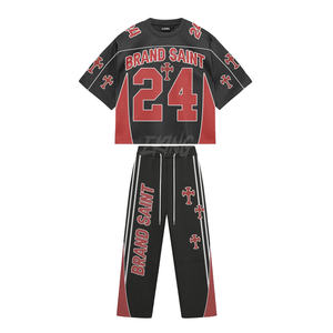 Brand Saint Men's Crop <b>Top</b> <b>And</b> Pants Set Oversized Streetwear <b>Black</b> <b>Red</b> 24 Print Breathable Knitted Short Sleeve O-Neck - Product Image 1
